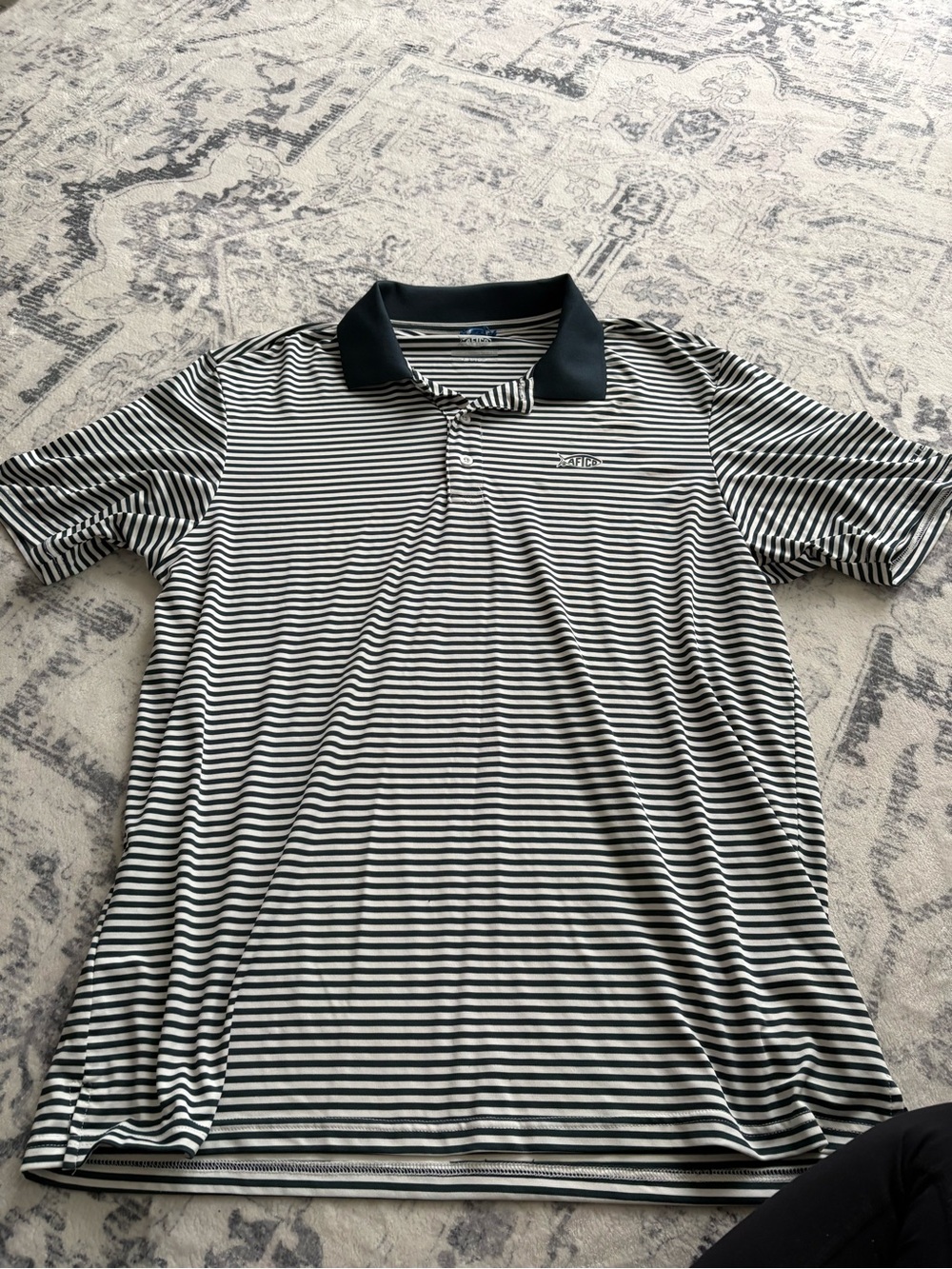 AFTCO Black and White Striped Polo with Solid Black Collar